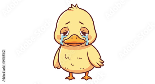 Upset cartoon yellow duckling crying with tears, depicting sadness and emotional distress, isolated vector illustration on a clean white background, an adorable character