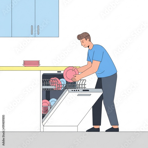 Man loading plates into dishwasher in modern kitchen  