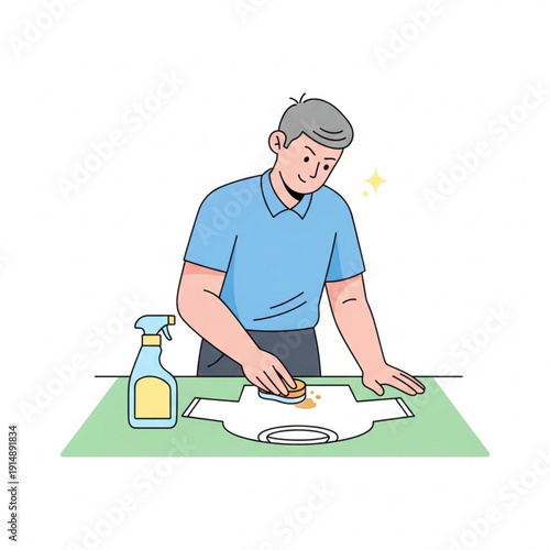 Elderly man cleaning stains from shirt with brush and spray bottle  