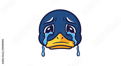 Adorable blue duck cartoon character with a yellow beak shedding tears, symbolizing deep sadness, distress, or a moment of grief and emotional vulnerability
