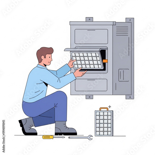 Man replacing air filter in ventilation system at home  