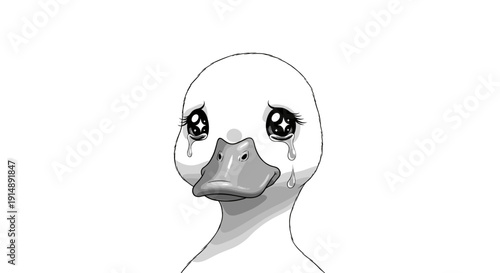Sad, Crying Duckling Illustration with Big, Watery Eyes and Quacking Mouth, Expressing Distress and Melancholy