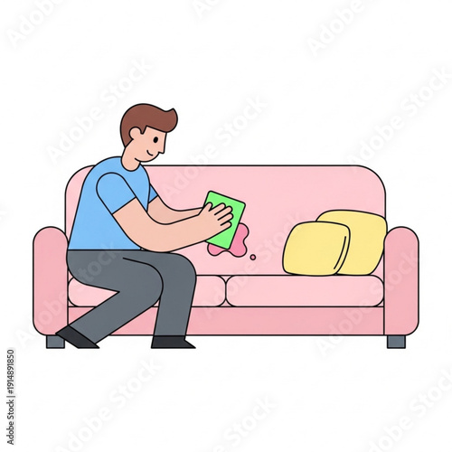 Man cleaning stains from pink sofa with green cloth indoors  