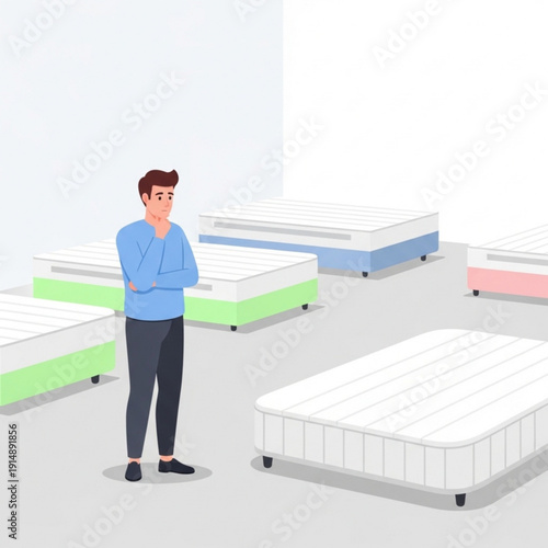 Man shopping for new mattress while contemplating choices in store  