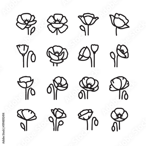 Poppy Flower Line Icons Set, Simple Botanical Illustration, Minimalist Design