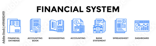 Financial System Banner Web Icon Set Vector Illustration Concept For Financial Database, Accounting Book, Bookkeeping, Accounting, Bank Statement, Spreadsheet, Dashboard