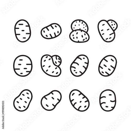 Potato Icons Collection: Various Shapes and Styles, Line Art, Isolated on White