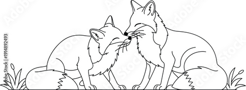 Adorable black and white line art illustration depicts two sweet foxes sharing a tender nose touch moment surrounded by simple grass elements