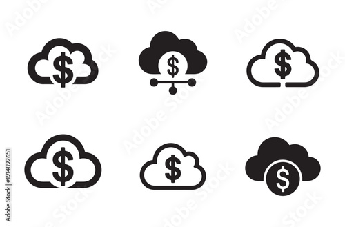 Set of black and white vector dollar sign in cloud icons illustrating cloud money storage on transparent background