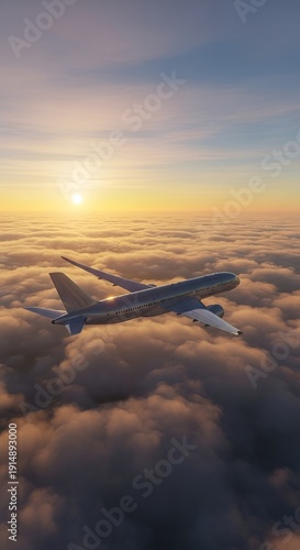 Commercial Airplane Flying Above Clouds at Sunset, Golden Hour Sky.