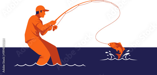 Angler skillfully reels in a jumping fish during a successful fishing trip in the wavy water