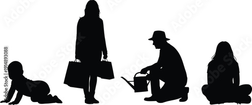 Set of black silhouettes featuring a crawling baby, a woman carrying shopping bags, a gardener watering plants, and a girl sitting, isolated on white, vector.