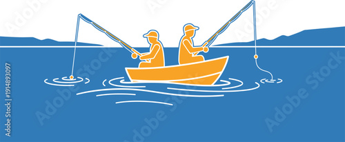 Two friends enjoy a leisurely fishing trip on a calm blue lake, casting lines from their small boat under a clear sky