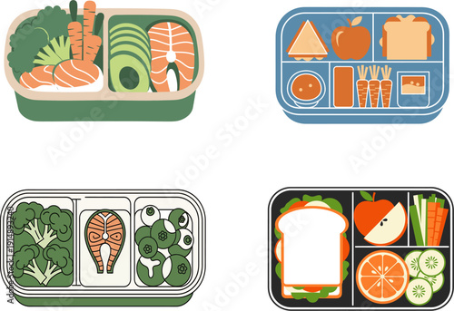 Variety of healthy bento box meals with fresh vegetables, fruits, and protein, ideal for convenient meal prep and balanced on-the-go lunches