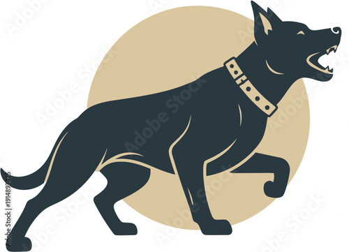 Fierce Black Dog Standing Guard with Mouth Open and Alert Pose Illustration