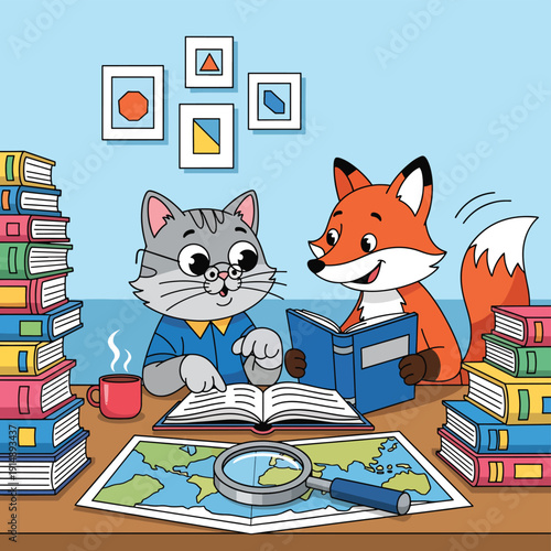 Cat and Fox Studying Together
