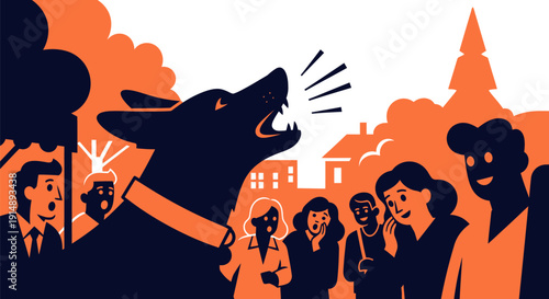 Illustration of a dog barking at a crowd of people in an outdoor setting, with buildings and trees in the background
