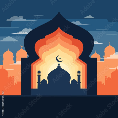 Vibrant mosque illustration with crescent moon symbolizing Islamic culture and faith in a cityscape at dusk from a frontal viewpoint