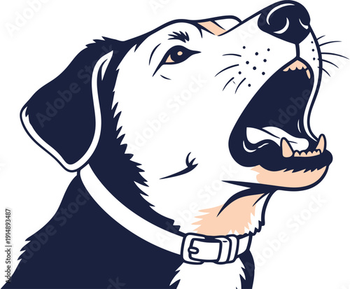 Illustration of a dog with its mouth wide open and head tilted back, appearing to be barking or howling