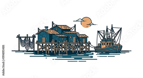 Fishing village with wooden houses on stilts and a shrimp boat at sunset, coastal scenery illustration