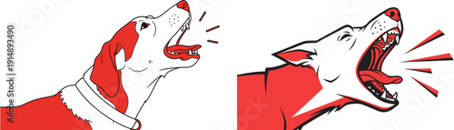 Illustration of a dog and a wolf with mouths open, vocalizing or barking, depicted in a two-tone red and white graphic style
