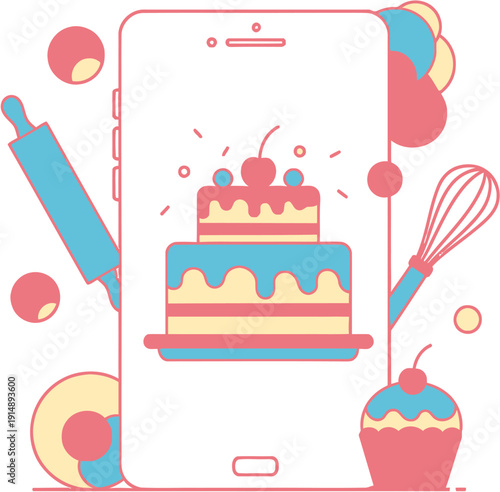 Mobile application showcasing delightful dessert recipes and custom cake ordering, complete with baking tools, representing online culinary inspiration and digital sweet treat services