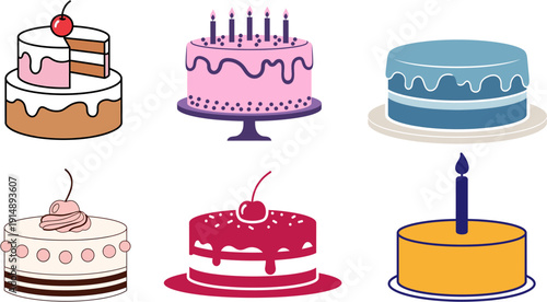 A delightful collection of colorful vector illustration cakes, perfect for any joyous birthday or anniversary celebration, showcasing diverse designs with frosting, candles, and sweet treats