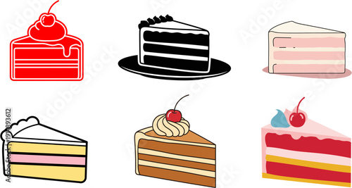 Assortment of vibrant and stylized vector cake slice illustrations, featuring different designs with frosting and cherry toppings, ideal for bakery graphics and sweet treat promotions