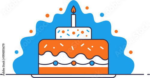 A beautifully crafted graphic illustration of a delicious birthday cake, topped with a glowing candle and colorful sprinkles, representing happiness and festive gatherings