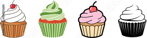 A delightful vector illustration set featuring an assortment of colorful cupcakes with unique frosting designs and decorative wrappers, perfect for celebrating sweet moments and bakery themes