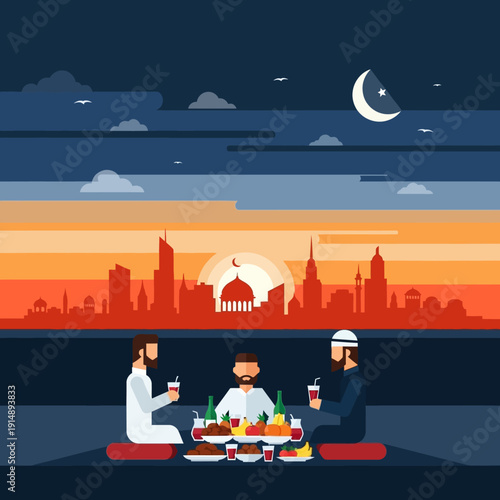 Family enjoys iftar meal together on rooftop during Ramadan under the night sky with cityscape