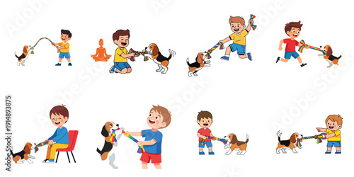 Boy playing with beagle dog, joyful moments and activities