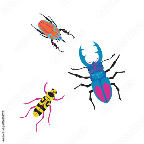 A set of detailed beetle and insect vector illustrations featuring macro wildlife elements like a green wasp and small pests isolated on a white background