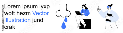 Healthcare, remote work, digital communication, education, wellbeing, productivity. Elements include a nose with a droplet, person on a laptop another gesturing individual. Healthcare and remote