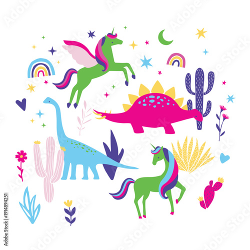 Vector illustration of an abstract colorful background with hand drawn nature splashes, flower patterns, and a fun summer bird icon set for a seamless art collection