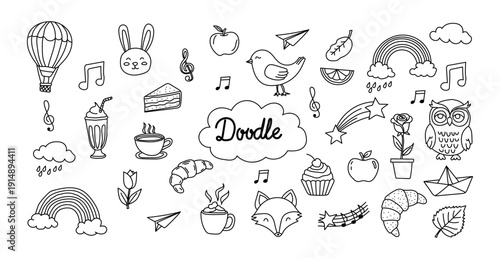 A whimsical doodle illustration featuring various cute cartoon objects and food items on a white background