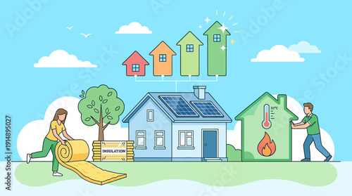 Home Energy Efficiency Improvement Concept. People adding Insulation, Solar Panels, and Thermal Management to Achieve High Energy Rating and Sustainable Living.