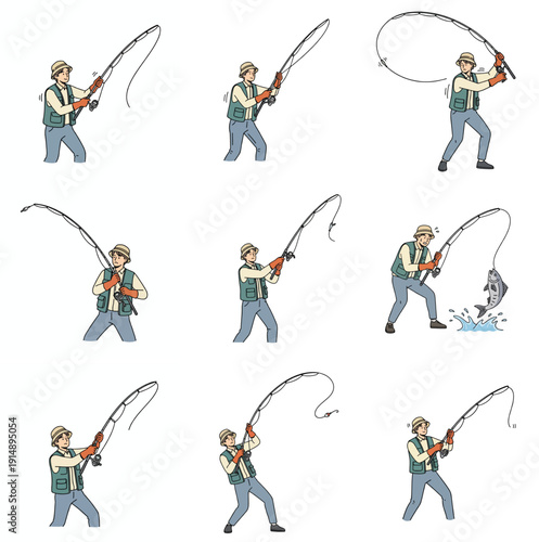 Man fishing sequence with various poses