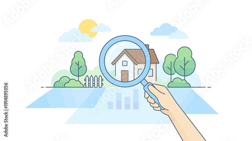 Real Estate Home Search and Inspection Concept. Outline illustration of a hand analyzing a house with a magnifying glass for property valuation or finding a new home.