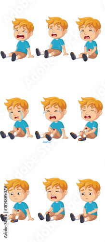 Sad boy crying with injured knee