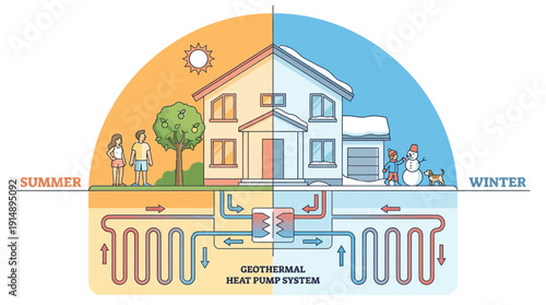 Geothermal Heat Pump System Diagram illustrating heating in winter and cooling in summer. Renewable energy technology for home HVAC efficiency.
