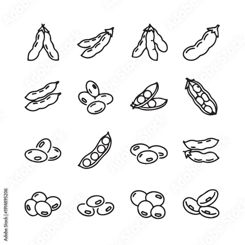 Soybean Pods and Beans Icons Set, Simple Line Drawings on White Background