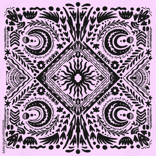 Black and pink witch handkerchief ornate pattern on a square background with floral designs and a central sun motif viewed for scarf, bandana slayer textile design 