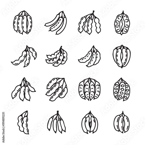 Soybean Pods Set: Various Designs and Styles, Isolated on White, Hand-Drawn Icons, Stock Media