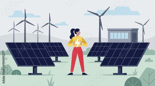 Empowered Woman with Lightning Symbol at Hybrid Renewable Energy Farm. Green Power Generation with Solar Panels and Wind Turbines.