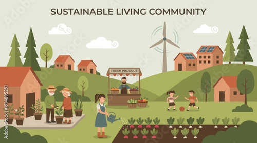 Sustainable Living Community Illustration. Eco-Friendly Neighborhood with Solar Energy, Community Gardens, and Local Farm Stand.