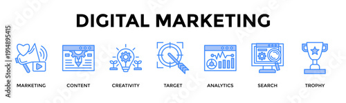 Digital Marketing Banner Web Icon Set Collection Pack Vector Illustration Concept For Marketing, Content, Creativity, Target, Analytics, Search, Trophy