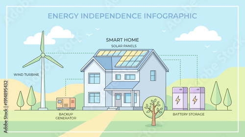 Renewable Home Energy Independence Infographic Diagram. Solar Panels, Wind Turbine, Battery Storage, and Backup Generator Smart System.