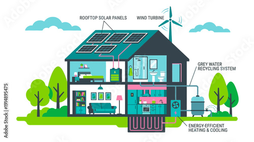 Sustainable House Cross Section Diagram. Renewable Energy Systems: Solar Panels, Wind Turbine, Grey Water Recycling, and Energy-Efficient Heating/Cooling.