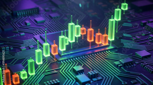 A 3D rendering of a stock market graph on a computer circuit board with green and orange bars rising